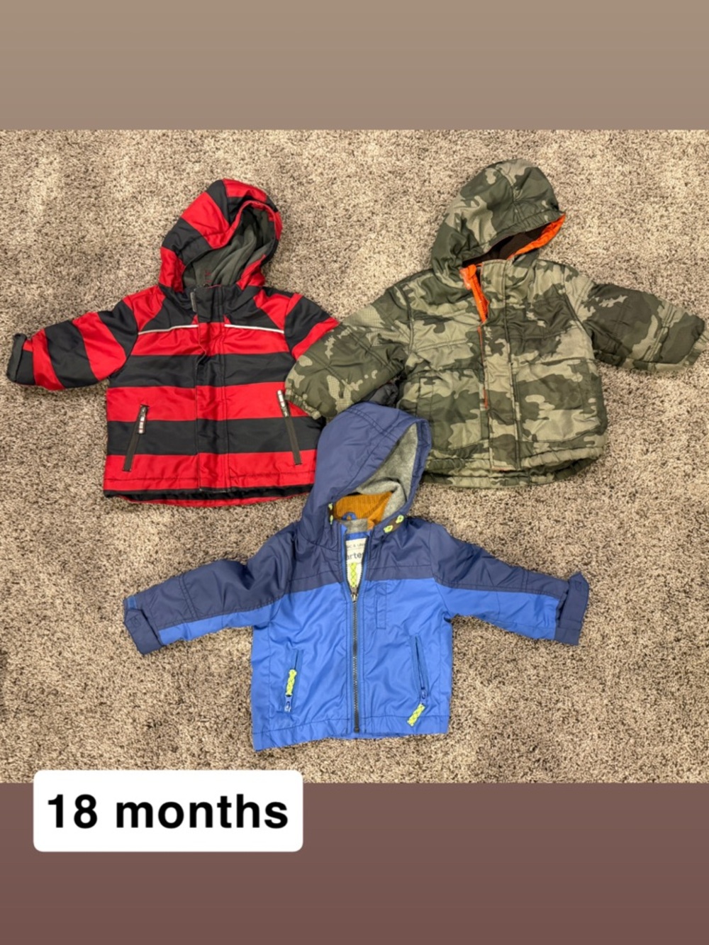 Toddler Jackets Bundle - Red/Black Stripe, Camo Green, Royal Blue